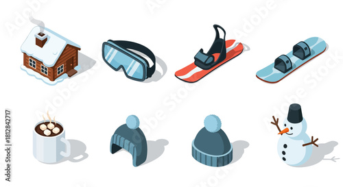 Winter sports and cozy accessories collection in isometric style