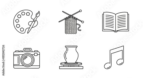 Creative hobbies icons set: art knitting reading photography potte