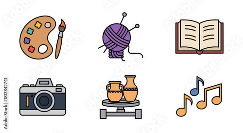 Creative arts and crafts icons: painting knitting reading photograp
