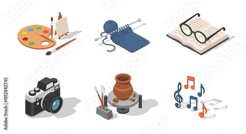Isometric art and craft hobbies with palette knitting pottery book