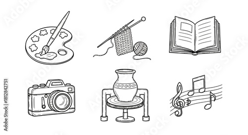 Creative hobbies: art craft and music line art collection