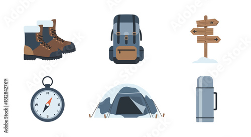 Camping essentials: outdoor gear icons in flat design for adventure en
