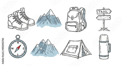 Hand-drawn outdoor adventure gear with hiking elements in minimalist s