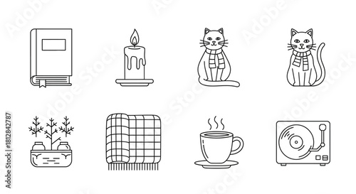 Cozy autumn essentials: books candles and cats in minimalist line ar