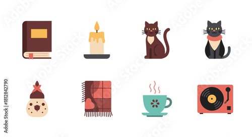 Cozy autumn icons set featuring cats candles books and warm beverag
