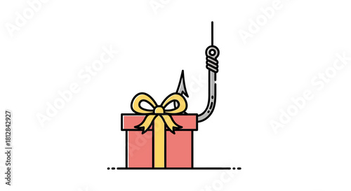 Gift scam concept art: present with fishing hook symbolizing online de