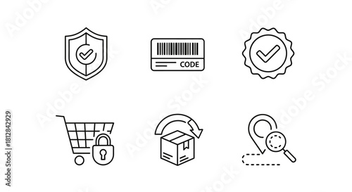 E-commerce security and verification icons in minimalist linear style