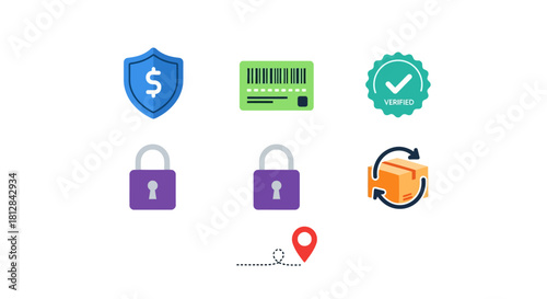 Secure online shopping icons set: payment shipping protection