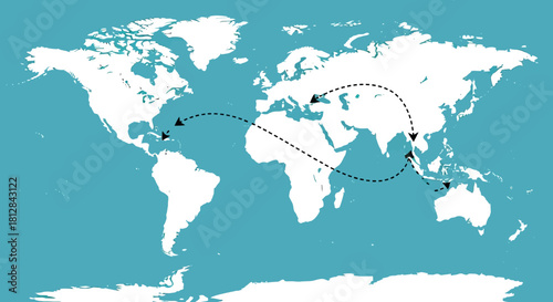 Global travel pathways on world map with dotted lines and arrows