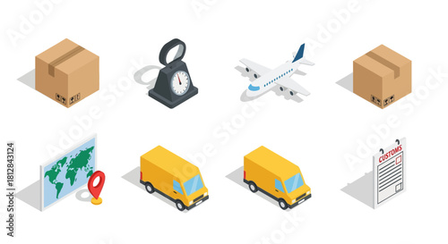 Isometric logistics and delivery icons set with packages airplane an