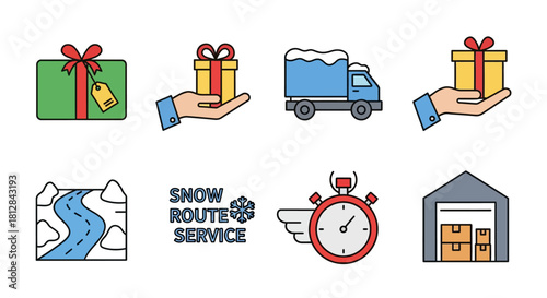 Winter delivery icons set: gift packages snow route warehouse speed