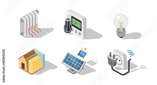 Renewable energy and smart home icons in isometric style