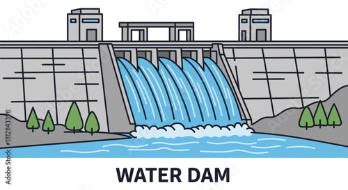 Linear style water dam with flowing water and surrounding nature