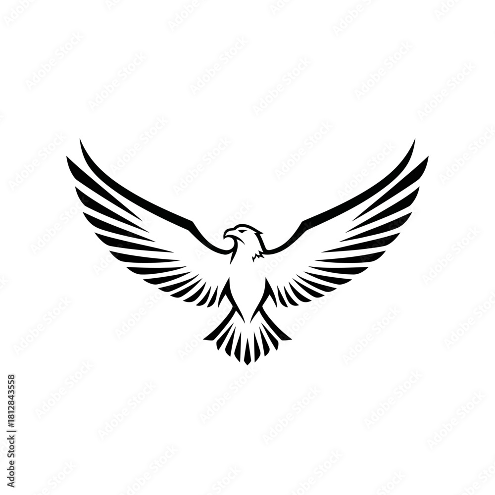 Naklejka premium Stylized black and white vector graphic of an eagle with wings spread wide