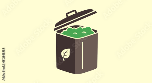 Eco-friendly compost bin icon with leaf design and open lid
