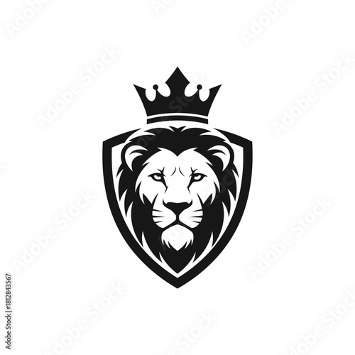 Black and white heraldic lion head with crown on shield logo design