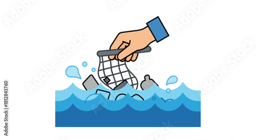 Eco-friendly cartoon hand collecting ocean waste