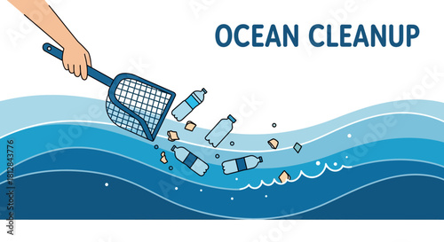 Ocean cleanup concept: hand collecting plastic pollution with net in s