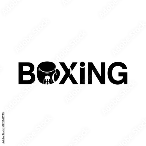 Minimalist black and white logo design featuring the word boxing with a boxing glove replacing the letter o