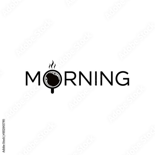 Minimalist black and white logo design featuring the word morning with a coffee cup replacing the letter o