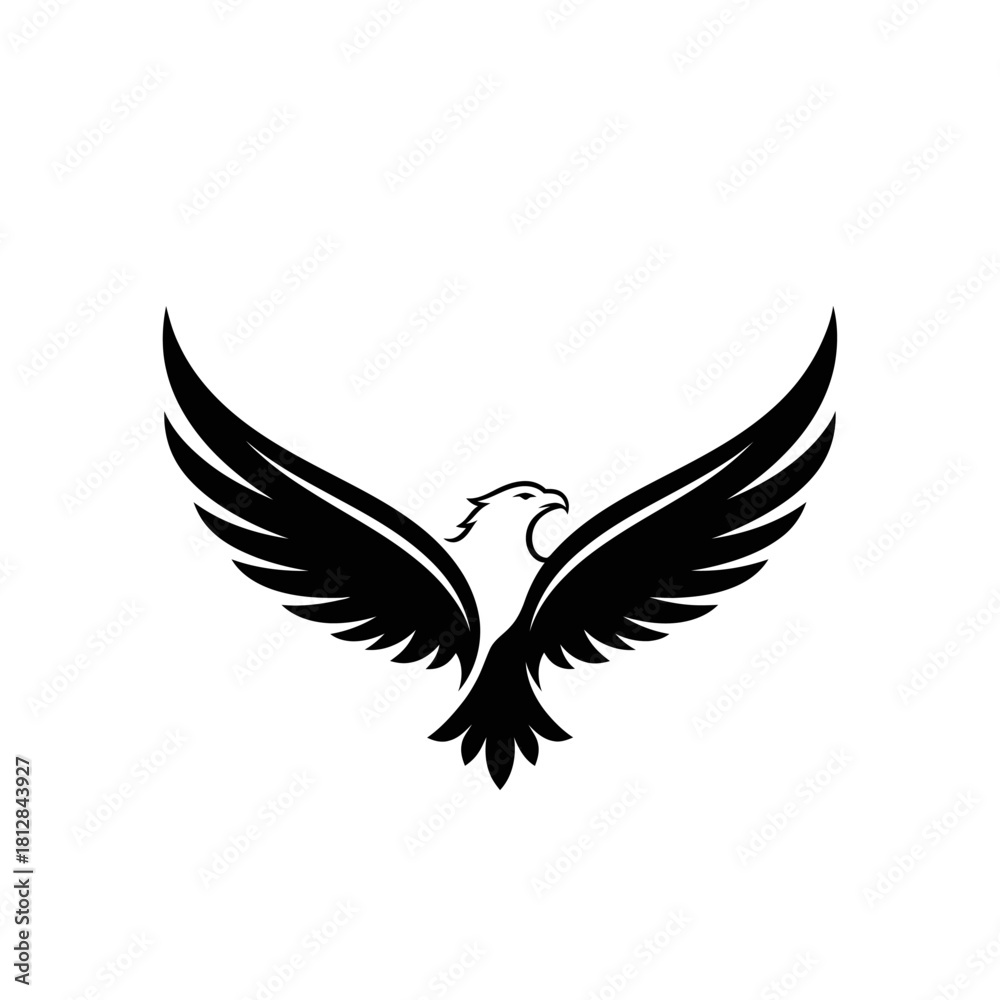 Fototapeta premium Black and white silhouette of an eagle with wings spread wide. Eagle logo design. Vector template. 