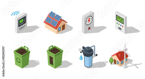 Sustainable energy and waste management icons in isometric design
