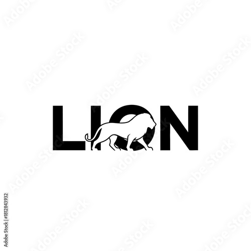 Minimalist black and white logo design featuring the word lion with a lion silhouette replacing the letter o