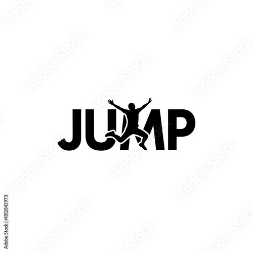 Black silhouette logo design of the word jump with a person jumping replacing the letter u