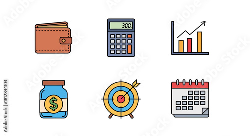 Colorful business icons: finance analytics budget investment sched