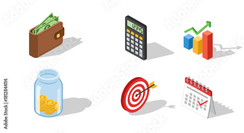 Isometric business icons: finance growth planning target wallet c