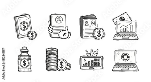 Hand drawn fintech icons featuring money documents laptops and busi