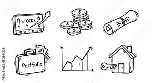 Hand drawn finance elements: stocks coins bonds portfolio graph h