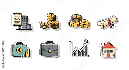 Hand drawn business icons set featuring money growth and finance ele