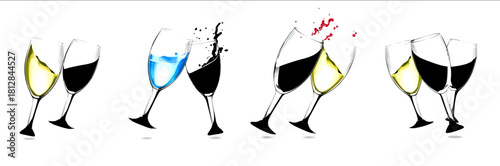 Celebration glasses vector set showing toasting and clinking glasses