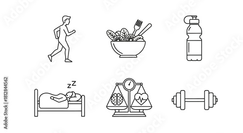 Healthy lifestyle icons set featuring exercise nutrition hydration