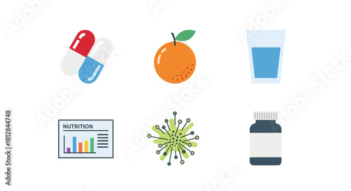 Healthcare and nutrition icons: pills orange drink chart molecule