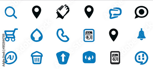 Website icon set search cart profile notification home location phone bell download upload and trash