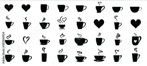 A collection of coffee mug and tea cup icons with hearts steam and silhouettes for branding and websites