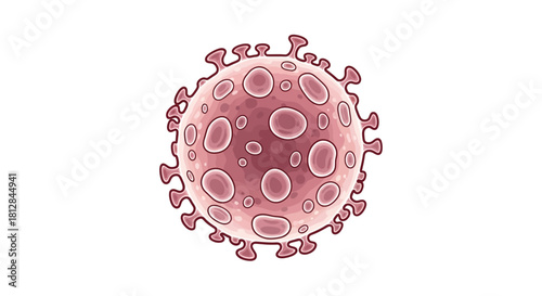 Detailed cartoon representation of a virus with pink and red hues
