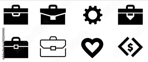 Vector illustration set of briefcases, businessman, gears, and money symbols with solid and outline designs for corporate and financial themes.