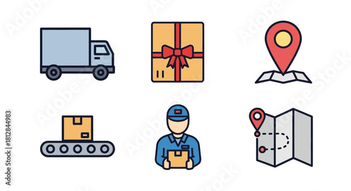 Flat style delivery and shipping icons with truck package and map ma