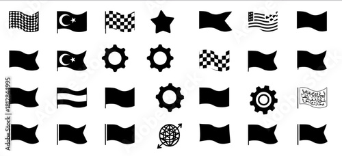 Vector flag icons with solid and outline designs including checkered crescent star target gear globe and waving flag icons Great for banners and navigation