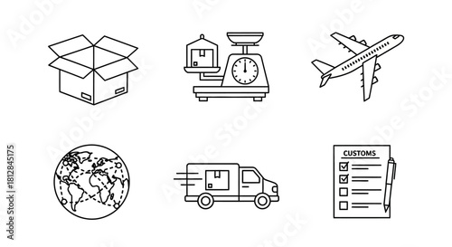 Global shipping icons: airplane truck box scale globe customs