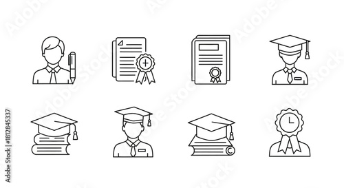Education and graduation icons set featuring linear style diploma and