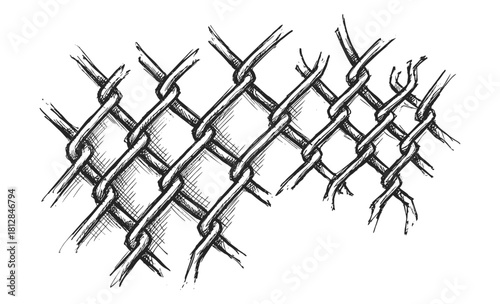Sketchy Hand drawn Broken Chain link Fence Detail Security Border Illustration