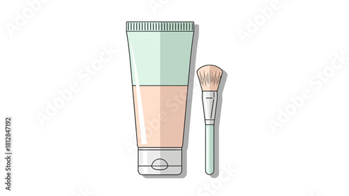A makeup tube and brush on a white background