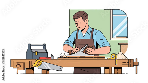 A man planes wood at a workbench with tools and a toolbox