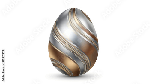 A metallic egg with silver and bronze swirling stripes