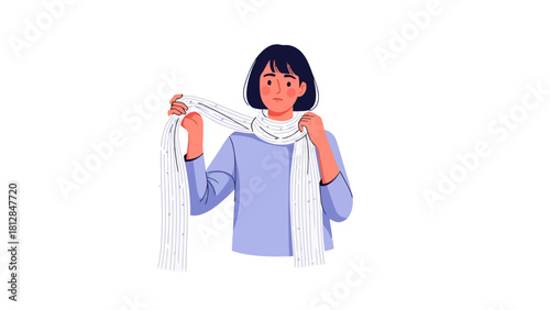 A person with short dark hair adjusts a white striped scarf around their neck