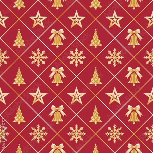 "Golden Winter Harmony" pattern. A festive pattern with golden snowflakes, stars, bells, and Christmas trees. A wonderful holiday pattern for wallpaper, packaging, cards, and gifts.